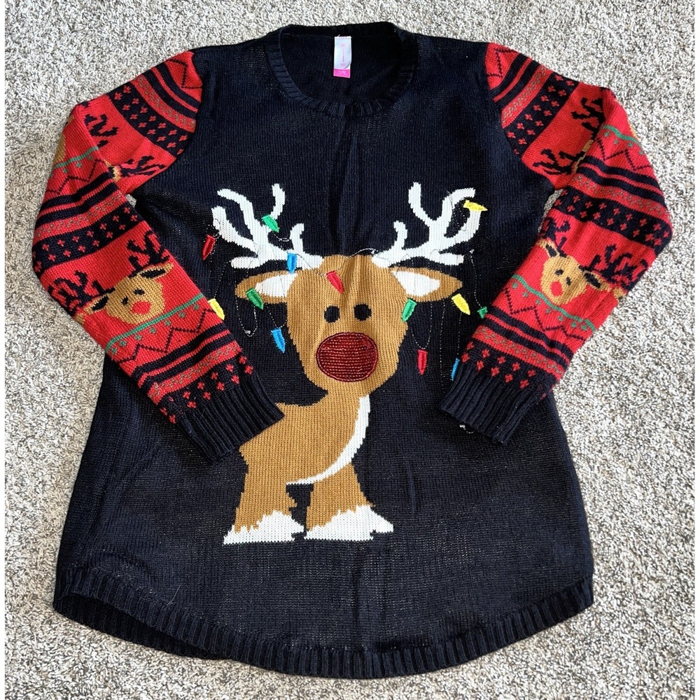 No Boundaries Juniors XL (15-17) Christmas Sweater Reindeer Sequin Nose READ